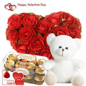 Heart Shape Roses, Teddy n Chocolates